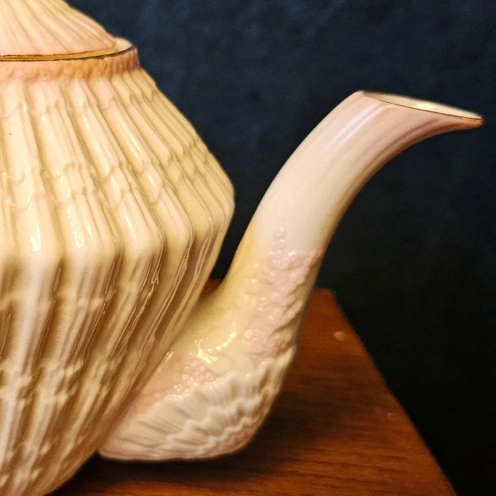 Belleek Ireland Neptune Teapot Pink Coral Handle Parian China Green Mark 0857
